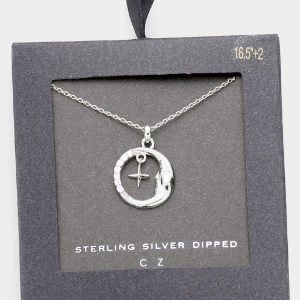 Silver Moon Pendant Necklace Cute Round White Gold CZ Rhinestone Crystal Charm